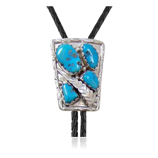 Feather .925 Sterling Silver Certified Authentic Handmade Navajo Native American Natural Turquoise Bolo Tie 34165