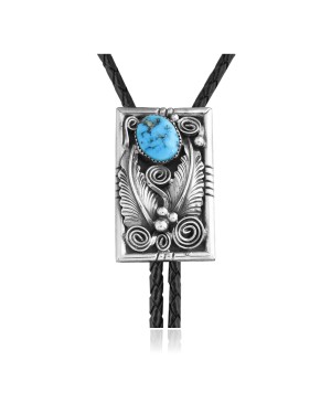 Feather .925 Sterling Silver Certified Authentic Handmade Navajo Native American Natural Turquoise Bolo Tie 34168