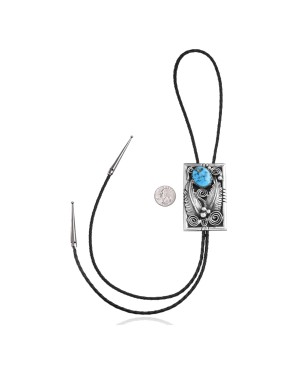 Feather .925 Sterling Silver Certified Authentic Handmade Navajo Native American Natural Turquoise Bolo Tie 34168