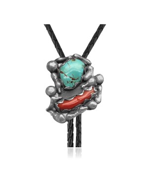 Handmade Certified Authentic Navajo .925 Sterling Silver Native American Natural Turquoise Coral Bolo Tie 34170