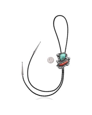 Handmade Certified Authentic Navajo .925 Sterling Silver Native American Natural Turquoise Coral Bolo Tie 34170