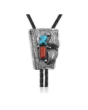 Feather .925 Sterling Silver Certified Authentic Handmade Navajo Native American Natural Turquoise Coral Bolo Tie 34173