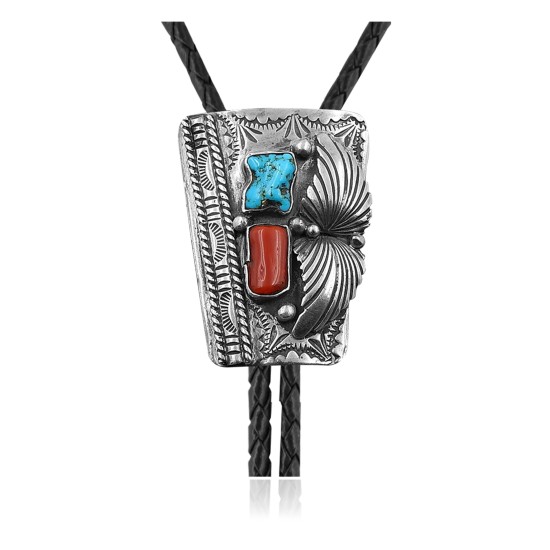 Feather .925 Sterling Silver Certified Authentic Handmade Navajo Native American Natural Turquoise Coral Bolo Tie 34173