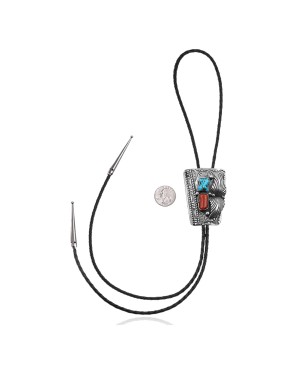 Feather .925 Sterling Silver Certified Authentic Handmade Navajo Native American Natural Turquoise Coral Bolo Tie 34173