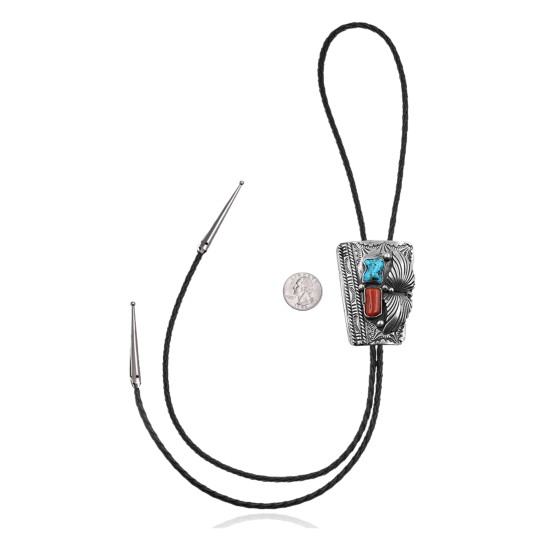 Feather .925 Sterling Silver Certified Authentic Handmade Navajo Native American Natural Turquoise Coral Bolo Tie 34173