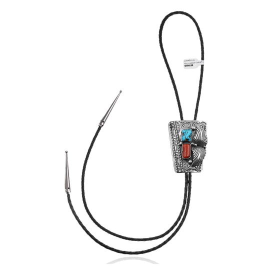 Feather .925 Sterling Silver Certified Authentic Handmade Navajo Native American Natural Turquoise Coral Bolo Tie 34173
