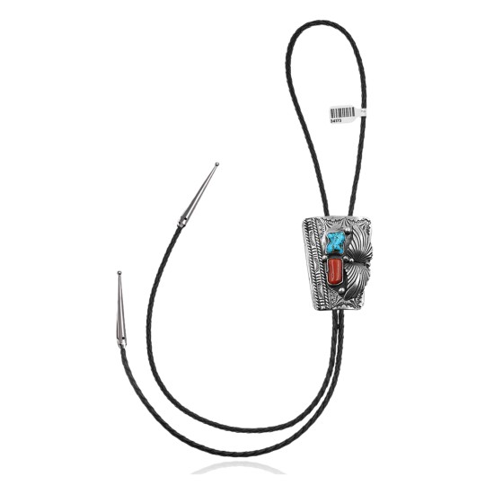 Feather .925 Sterling Silver Certified Authentic Handmade Navajo Native American Natural Turquoise Coral Bolo Tie 34173