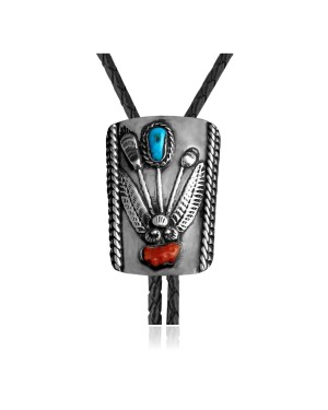 Feather .925 Sterling Silver Certified Authentic Handmade Navajo Native American Natural Turquoise Coral Bolo Tie 34174
