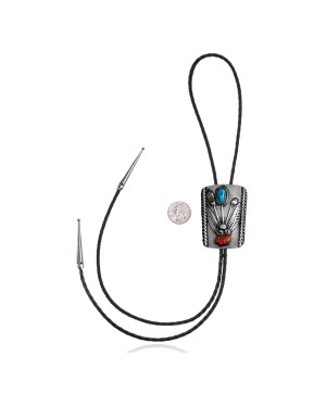 Feather .925 Sterling Silver Certified Authentic Handmade Navajo Native American Natural Turquoise Coral Bolo Tie 34174