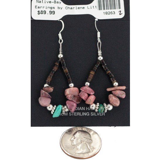 .925 Sterling Silver Hooks Certified Authentic Navajo Natural Turquoise Heishi Charoite Hoop Native American Earrings 18263-2