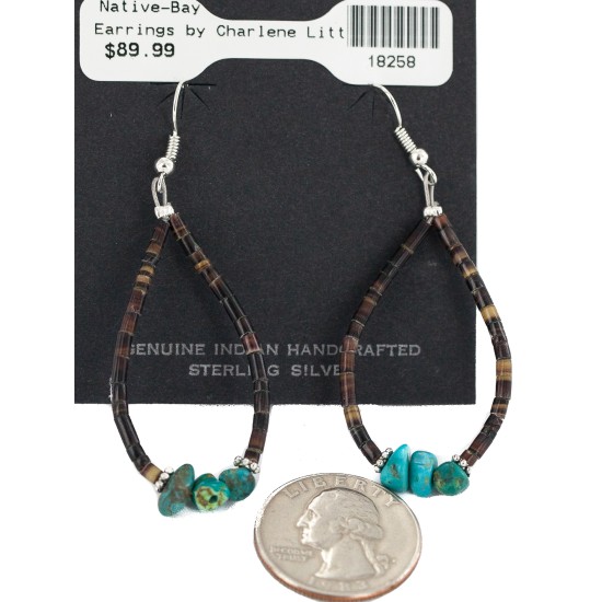 .925 Sterling Silver Hooks Certified Authentic Navajo Natural Turquoise Heishi Hoop Native American Earrings 18258