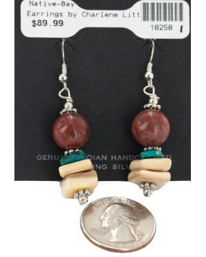 .925 Sterling Silver Hooks Certified Authentic Navajo Natural Turquoise Red Jasper Graduated Melon Shell Native American Dangle Earrings 18258-1