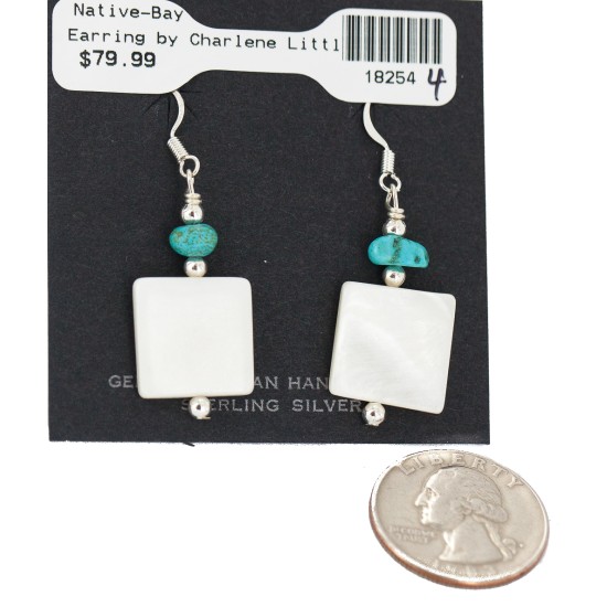 .925 Sterling Silver Hooks Certified Authentic Navajo Natural Turquoise Mother Of Pearl Native American Dangle Earrings 18254-4