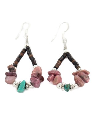 .925 Sterling Silver Hooks Certified Authentic Navajo Natural Turquoise Heishi Charoite Hoop Native American Earrings 18263-2
