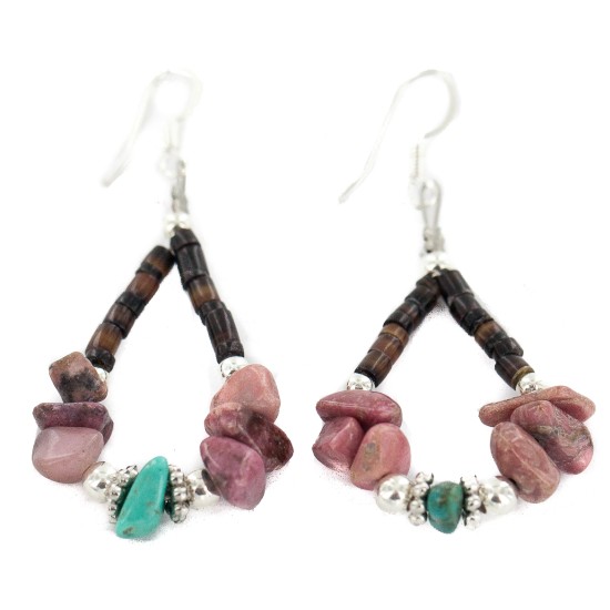 .925 Sterling Silver Hooks Certified Authentic Navajo Natural Turquoise Heishi Charoite Hoop Native American Earrings 18263-2