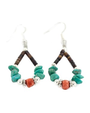 .925 Sterling Silver Hooks Certified Authentic Navajo Natural Turquoise Heishi Coral Hoop Native American Earrings 18263-4