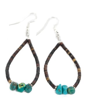 .925 Sterling Silver Hooks Certified Authentic Navajo Natural Turquoise Heishi Hoop Native American Earrings 18258