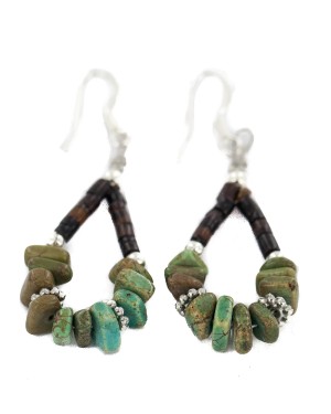 .925 Sterling Silver Hooks Certified Authentic Navajo Natural Turquoise Heishi Hoop Native American Earrings 18263-1