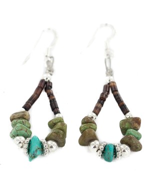 .925 Sterling Silver Hooks Certified Authentic Navajo Natural Turquoise Heishi Hoop Native American Earrings 18263-3