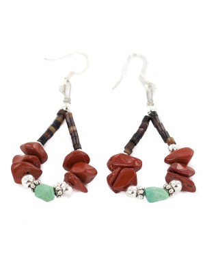 .925 Sterling Silver Hooks Certified Authentic Navajo Natural Turquoise Heishi Red Jasper Hoop Native American Earrings 18263-6