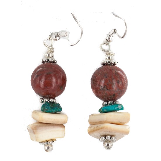 .925 Sterling Silver Hooks Certified Authentic Navajo Natural Turquoise Red Jasper Graduated Melon Shell Native American Dangle Earrings 18258-1 .925 Sterling Silver Hooks Certified Authentic Navajo Natural Turquoise Red Jasper Graduated Melon Shell Native American Dangle Earrings 18258-1
