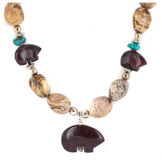 Carved Fetish Bear .925 Sterling Silver Certified Authentic Navajo Natural Turquoise Jasper Native American Necklace 25341-3