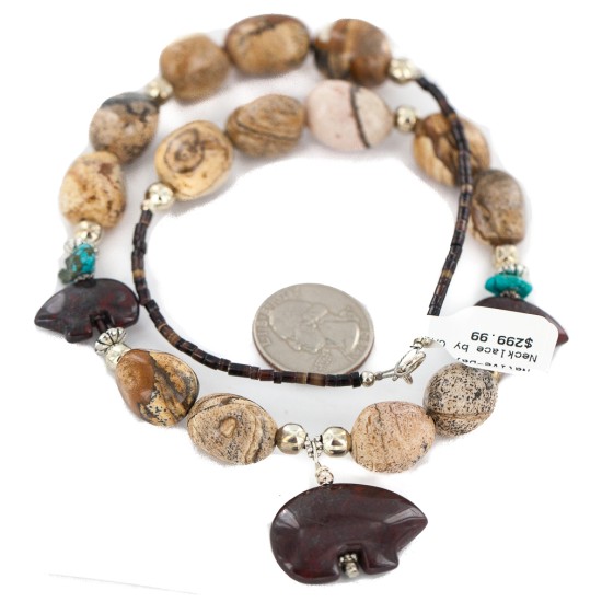 Carved Fetish Bear .925 Sterling Silver Certified Authentic Navajo Natural Turquoise Jasper Native American Necklace 25341-3