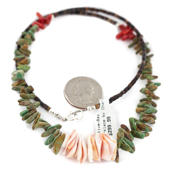 Certified Authentic Navajo .925 Sterling Silver Natural Turquoise, Spiny Oyster and Coral Native American Necklace 25341-1