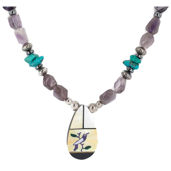 Bird Certified Authentic Navajo .925 Sterling Silver Inlay Natural Turquoise Mother of Pearl Hematite Amethyst Native American Necklace 25340-1 Bird Certified Authentic Navajo .925 Sterling Silver Inlay Natural Turquoise Mother of Pearl Hematite Amethyst Native American Necklace 25340-1