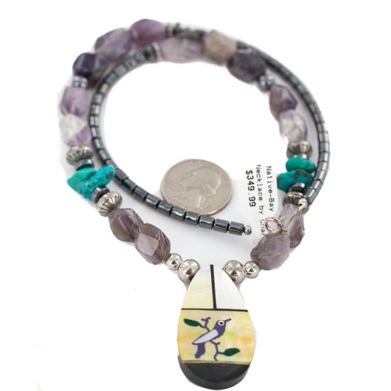 Bird Certified Authentic Navajo .925 Sterling Silver Inlay Natural Turquoise Mother of Pearl Hematite Amethyst Native American Necklace 25340-1 Bird Certified Authentic Navajo .925 Sterling Silver Inlay Natural Turquoise Mother of Pearl Hematite Amethyst Native American Necklace 25340-1
