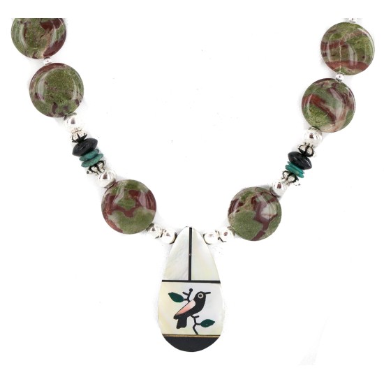 Bird Certified Authentic Navajo .925 Sterling Silver Inlay Natural Turquoise Mother of Pearl Black Onyx Blood Stone Native American Necklace 25338-4 Bird Certified Authentic Navajo .925 Sterling Silver Inlay Natural Turquoise Mother of Pearl Black Onyx Blood Stone Native American Necklace 25338-4