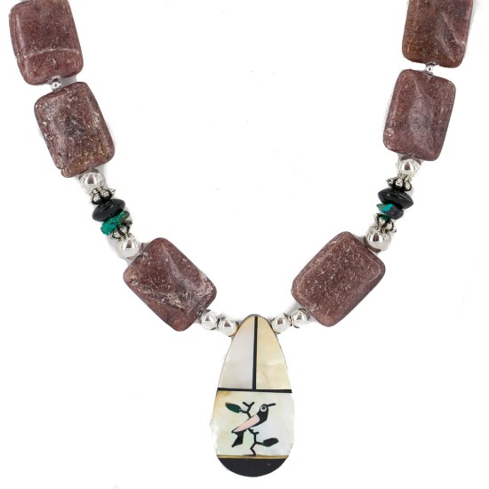 Bird Certified Authentic Navajo .925 Sterling Silver Inlay Natural Turquoise Mother of Pearl Black Onyx Agate Native American Necklace 25338-3