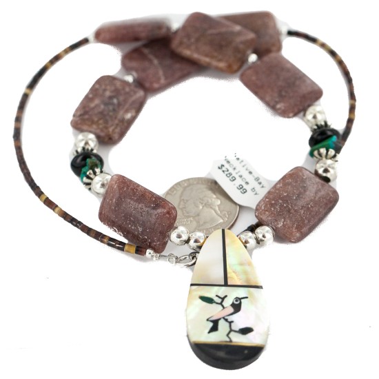 Bird Certified Authentic Navajo .925 Sterling Silver Inlay Natural Turquoise Mother of Pearl Black Onyx Agate Native American Necklace 25338-3