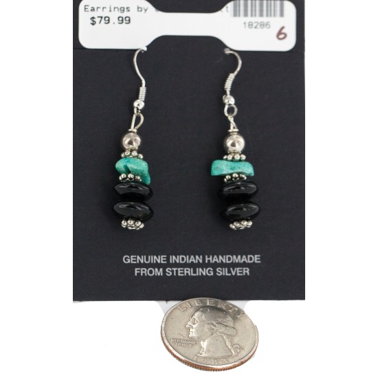 .925 Sterling Silver Hooks Certified Authentic Navajo Natural Turquoise Black Onyx Native American Dangle Earrings 18286-6