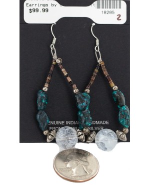 .925 Sterling Silver Hooks Certified Authentic Navajo Natural Turquoise Quartz Heishi Hoop Native American Earrings 18285-2