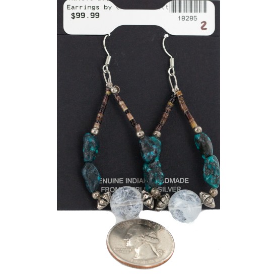 .925 Sterling Silver Hooks Certified Authentic Navajo Natural Turquoise Quartz Heishi Hoop Native American Earrings 18285-2