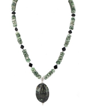 .925 Sterling Silver Certified Authentic Navajo Natural Green Jasper Black Onyx Native American Necklace 25339-3