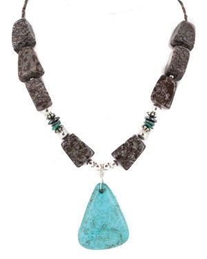 .925 Sterling Silver Certified Authentic Navajo Natural Turquoise Hematite Jasper Native American Necklace 25338-7