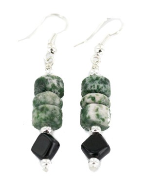.925 Sterling Silver Hooks Certified Authentic Navajo Natural Green Jasper Black Onyx Native American Earrings 18286-2