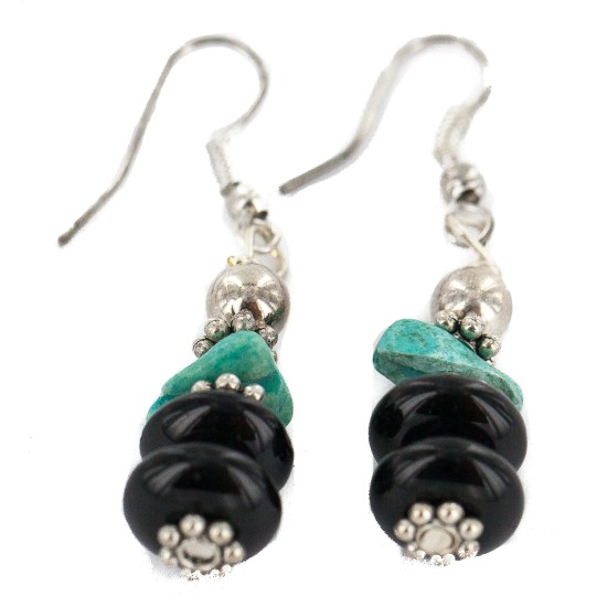 .925 Sterling Silver Hooks Certified Authentic Navajo Natural Turquoise Black Onyx Native American Dangle Earrings 18286-6
