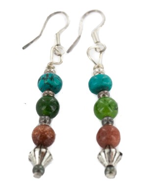.925 Sterling Silver Hooks Certified Authentic Navajo Natural Turquoise Green Quartz Goldstone Native American Earrings 18286-5
