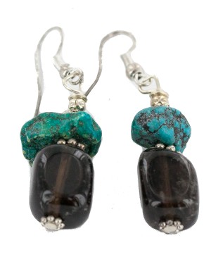 .925 Sterling Silver Hooks Certified Authentic Navajo Natural Turquoise Smoky Quartz Native American Dangle Earrings 18286-3