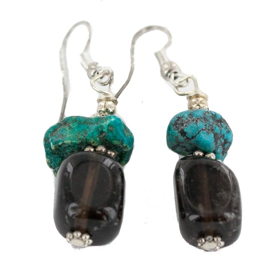 .925 Sterling Silver Hooks Certified Authentic Navajo Natural Turquoise Smoky Quartz Native American Dangle Earrings 18286-3 .925 Sterling Silver Hooks Certified Authentic Navajo Natural Turquoise Smoky Quartz Native American Dangle Earrings 18286-3