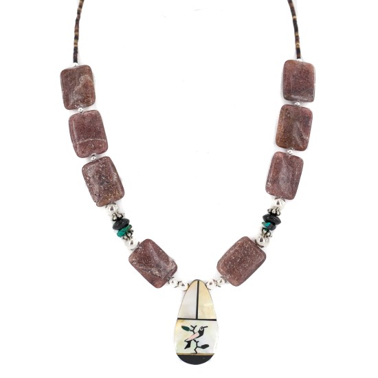 Bird Certified Authentic Navajo .925 Sterling Silver Inlay Natural Turquoise Mother of Pearl Black Onyx Agate Native American Necklace 25338-3
