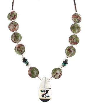 Bird Certified Authentic Navajo .925 Sterling Silver Inlay Natural Turquoise Mother of Pearl Black Onyx Blood Stone Native American Necklace 25338-4