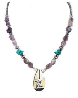 Bird Certified Authentic Navajo .925 Sterling Silver Inlay Natural Turquoise Mother of Pearl Hematite Amethyst Native American Necklace 25340-1