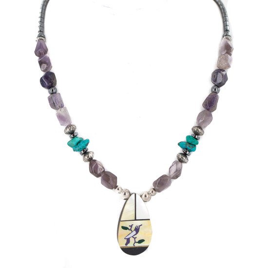 Bird Certified Authentic Navajo .925 Sterling Silver Inlay Natural Turquoise Mother of Pearl Hematite Amethyst Native American Necklace 25340-1 Bird Certified Authentic Navajo .925 Sterling Silver Inlay Natural Turquoise Mother of Pearl Hematite Amethyst Native American Necklace 25340-1