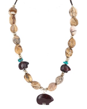Carved Fetish Bear .925 Sterling Silver Certified Authentic Navajo Natural Turquoise Jasper Native American Necklace 25341-3