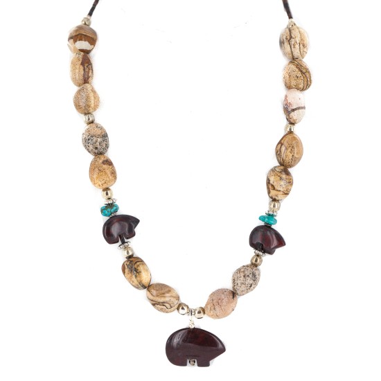 Carved Fetish Bear .925 Sterling Silver Certified Authentic Navajo Natural Turquoise Jasper Native American Necklace 25341-3