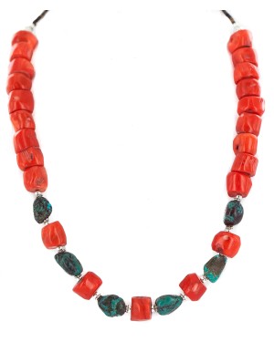 Certified Authentic Navajo .925 Sterling Silver Natural Turquoise Coral Native American Necklace 25341-2